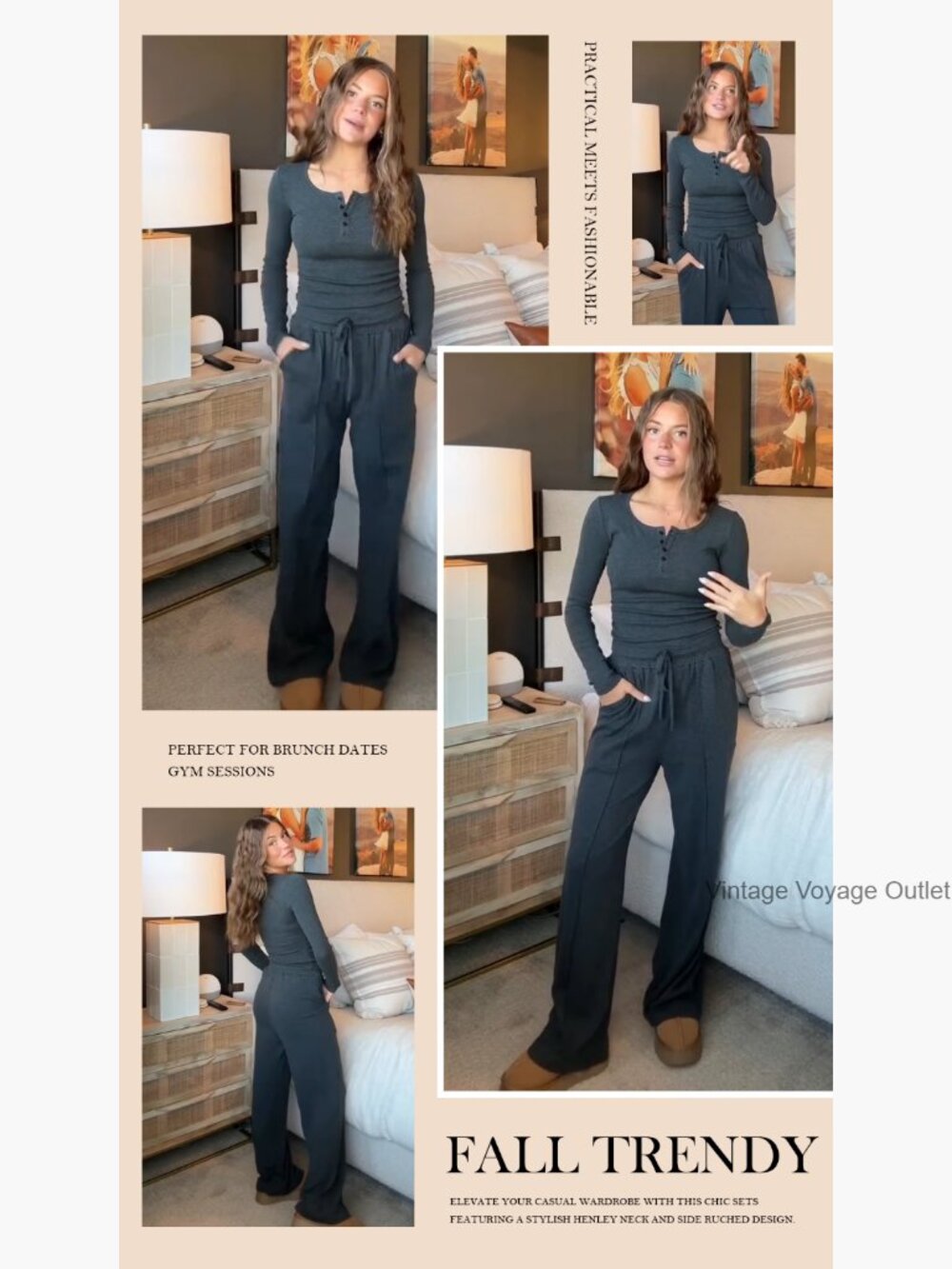 2 Piece Lounge Set Long Sleeve Henley Wide Leg Pants Travel Outfit - Picture 6 of 7